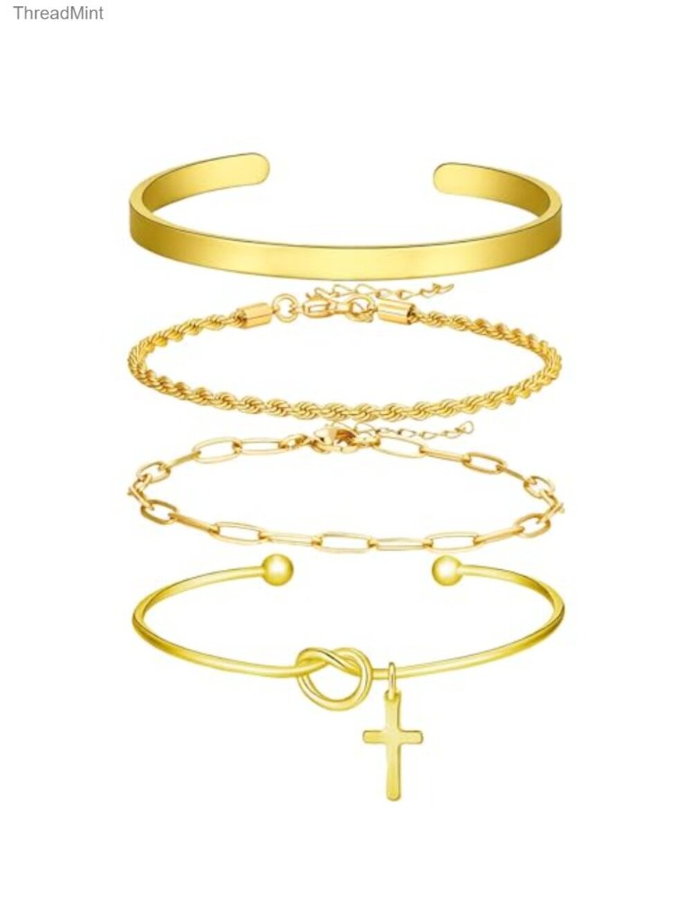 4-Piece 14k Gold Silver Plated Bracelet Stack Set - Bangle, Cuff, Twist Rope,